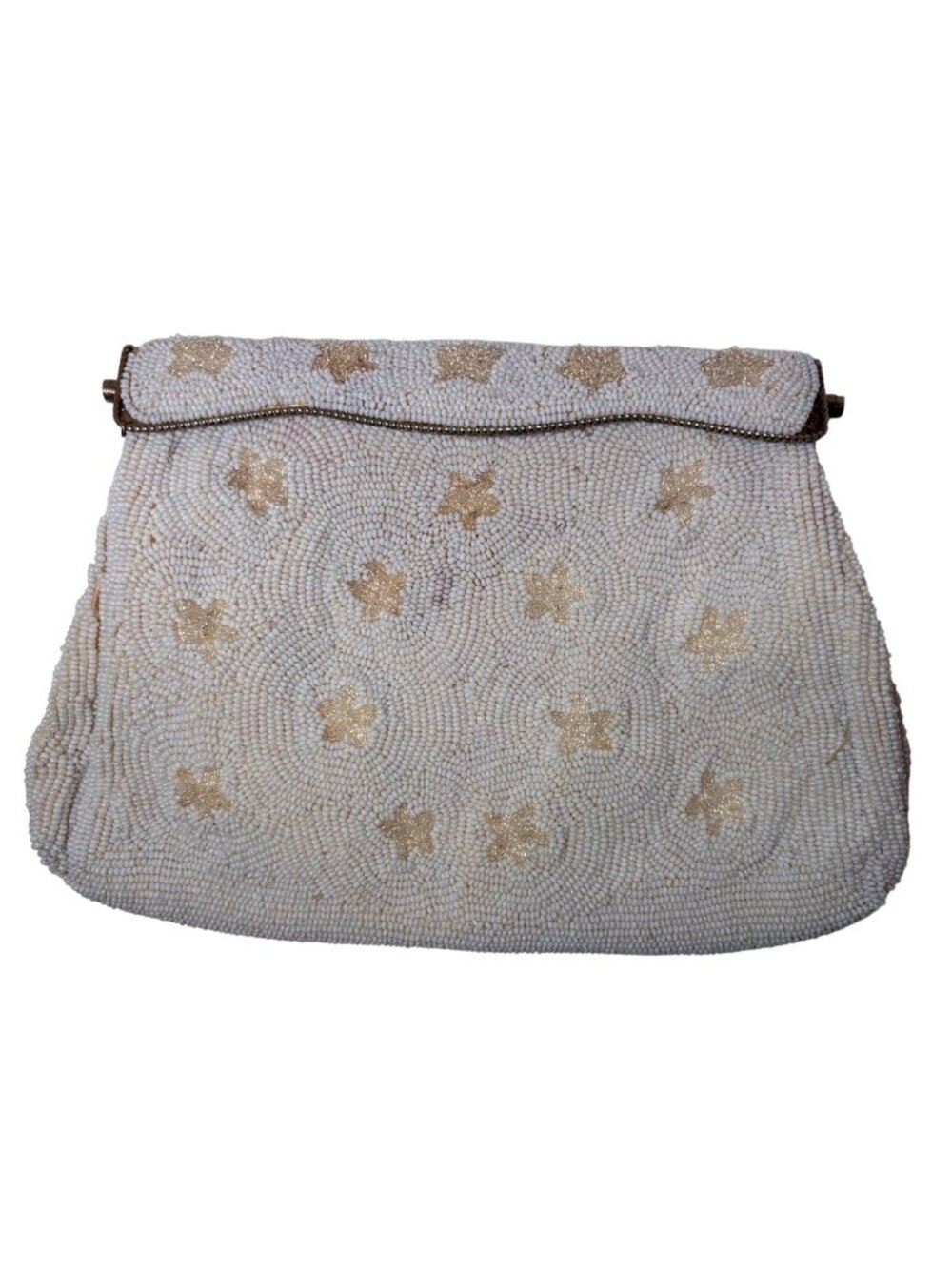 Vintage White Seed Beaded Evening Clutch Floral Design & Metal Frame
